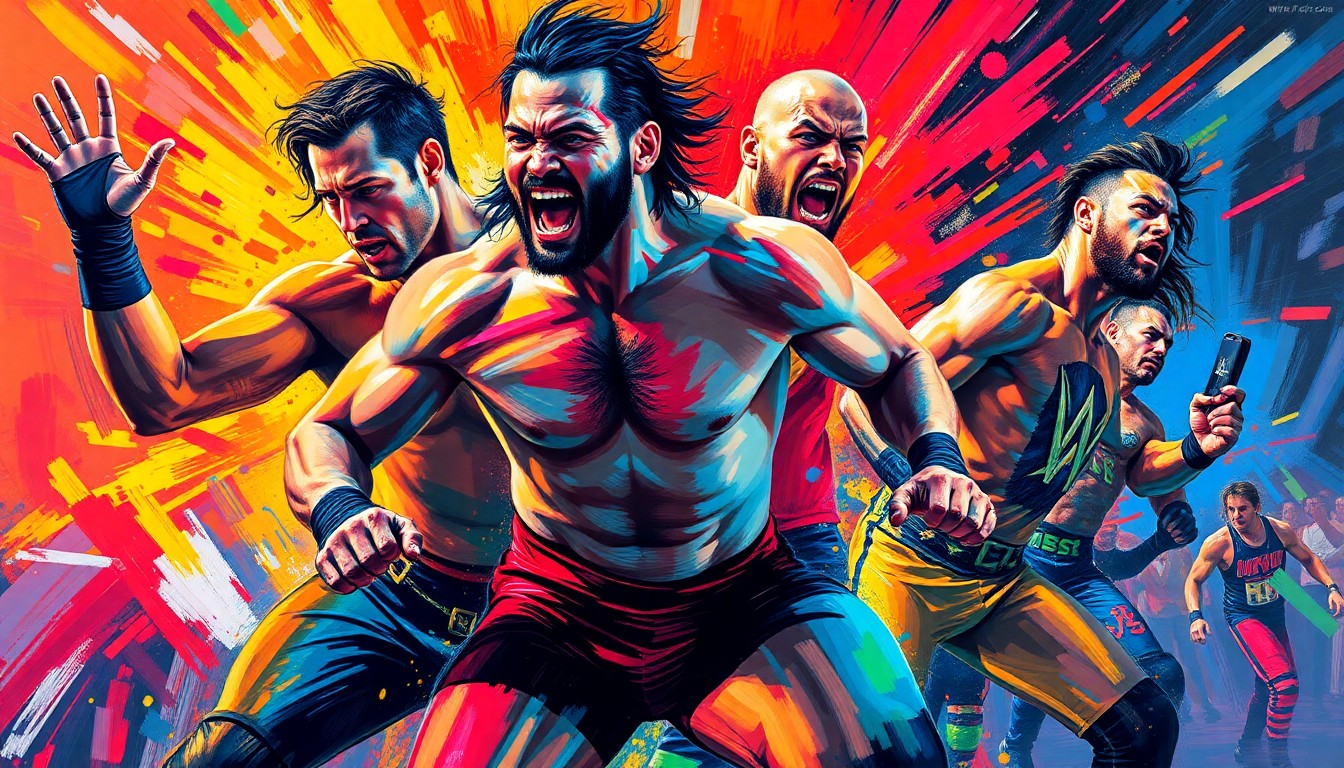 A vibrant, energetic painting featuring abstract, expressionist depictions of WWE wrestlers in action, with bold brushstrokes and neon colors capturing the raw power and intensity of the sport.