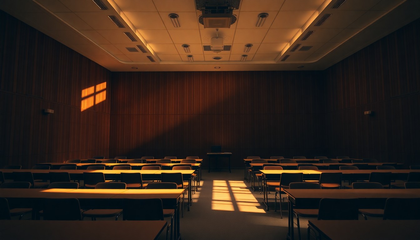 A dimly lit, cinematic painting of an empty university lecture hall, with warm sunlight and deep shadows creating a contemplative mood about the purpose of public higher education.