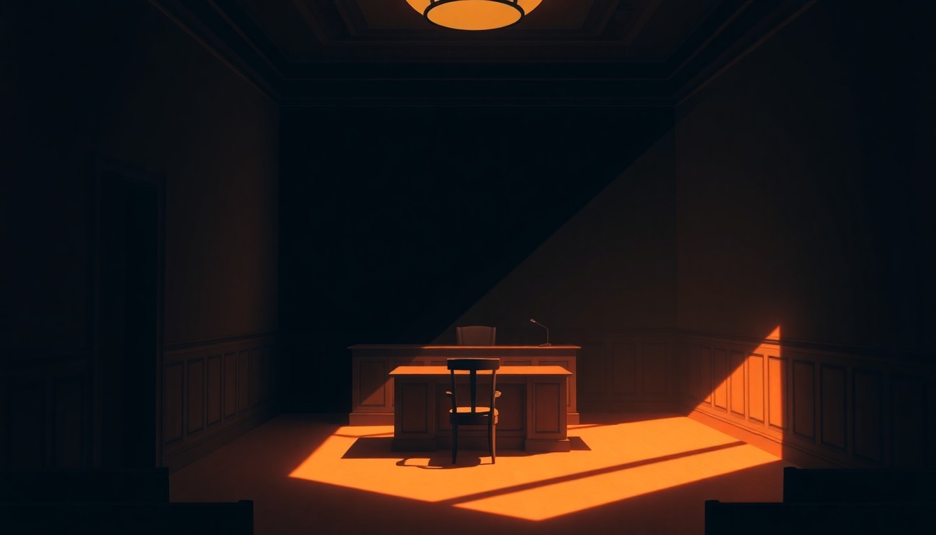A dimly lit, cinematic courtroom scene with a single desk and chair, bathed in warm, diagonal sunlight and deep shadows, conceptually representing the legacy of a veteran federal judge.