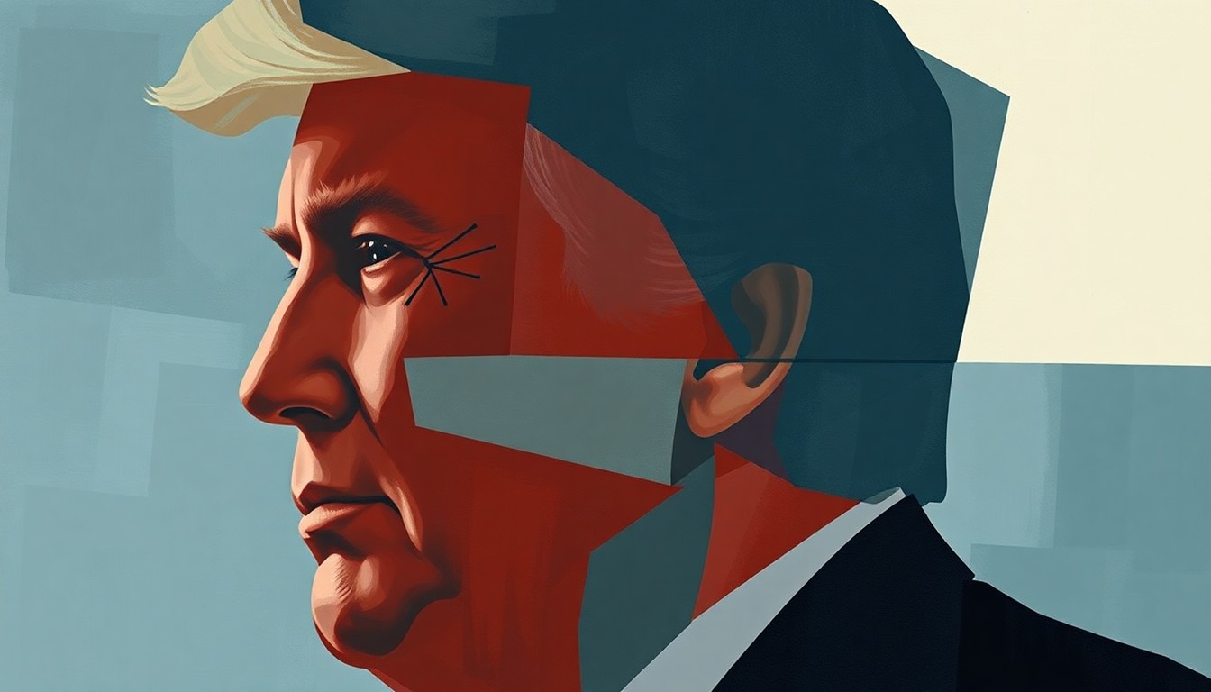 A fragmented, geometric painting in shades of blue, gray, and red depicting the silhouette of a politician, conveying a sense of political upheaval and fractured trust.