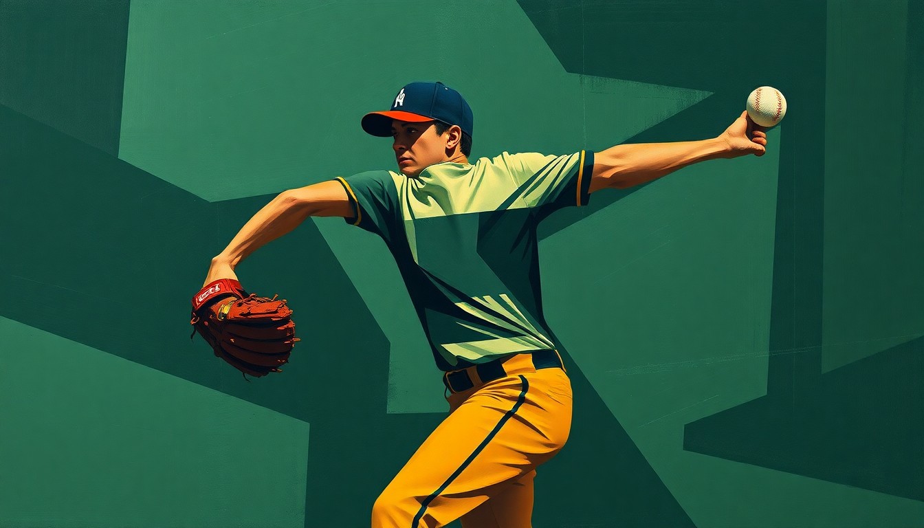 A fragmented, geometric painting depicting a baseball pitcher's motion, with sharp planes of navy, green, and brown hues, conceptually representing the mental challenges faced by the Red Sox ace.