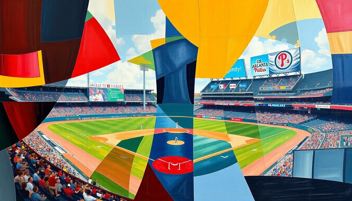 A vibrant, cubist-style painting depicting the dynamic action of a baseball game, with the players and field fragmented into overlapping geometric shapes and planes of color.