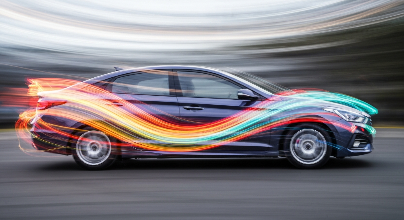 An abstract, colorful image created with a slow shutter speed and panning motion, depicting a Hyundai sedan as a blur of vibrant hues and dynamic movement, conveying the energy and innovation of the automotive industry.