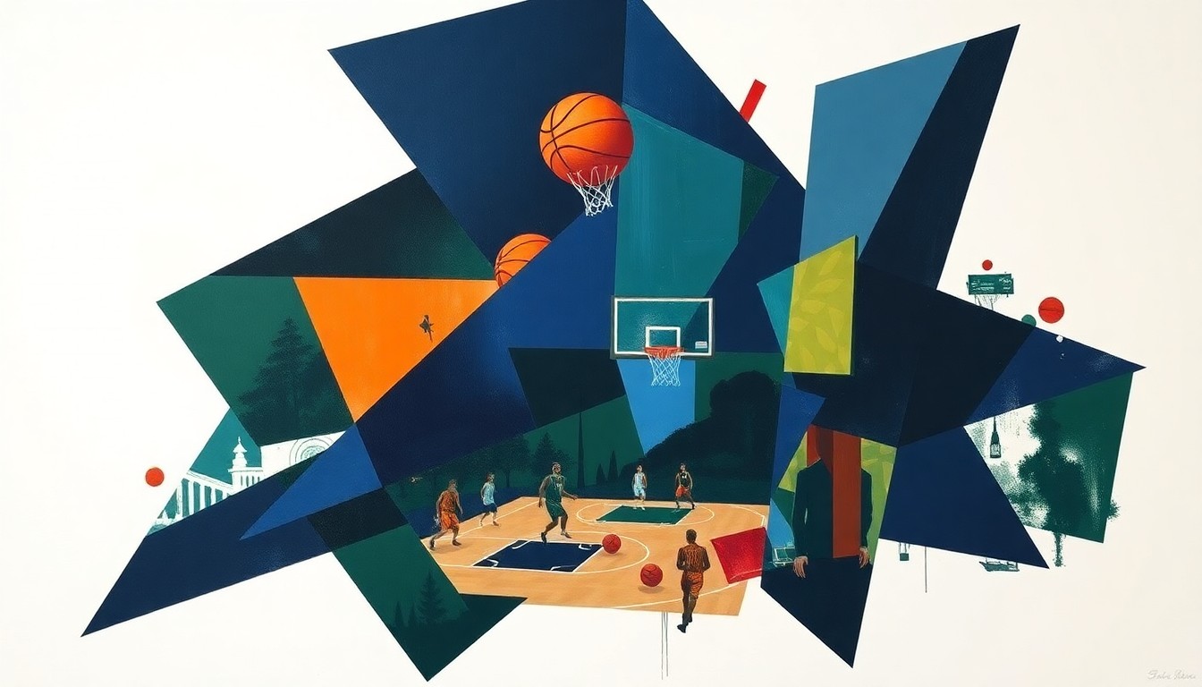 A cubist, geometric painting depicting fragmented basketball players and court elements in a palette of navy, green, and orange, conceptually representing the multifaceted talent of the Denver Nuggets roster.