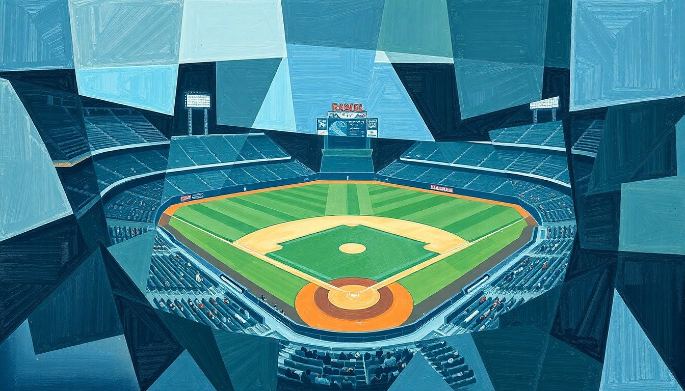A fragmented, geometric painting depicting a baseball game in progress, with overlapping shapes and planes of color representing the dynamic action on the field.