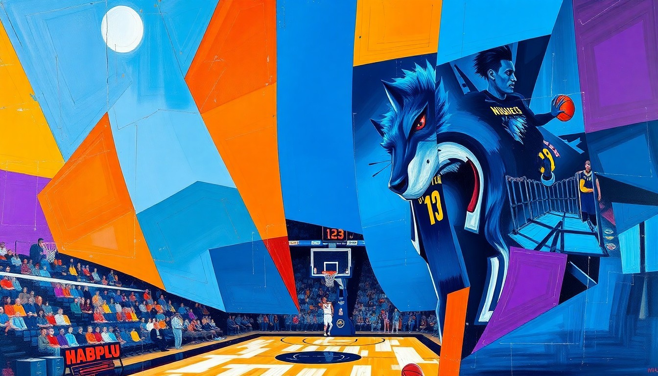 A cubist, geometric painting depicting a basketball game in motion, with overlapping shapes and vibrant colors representing the intensity and energy of the defensive battle.