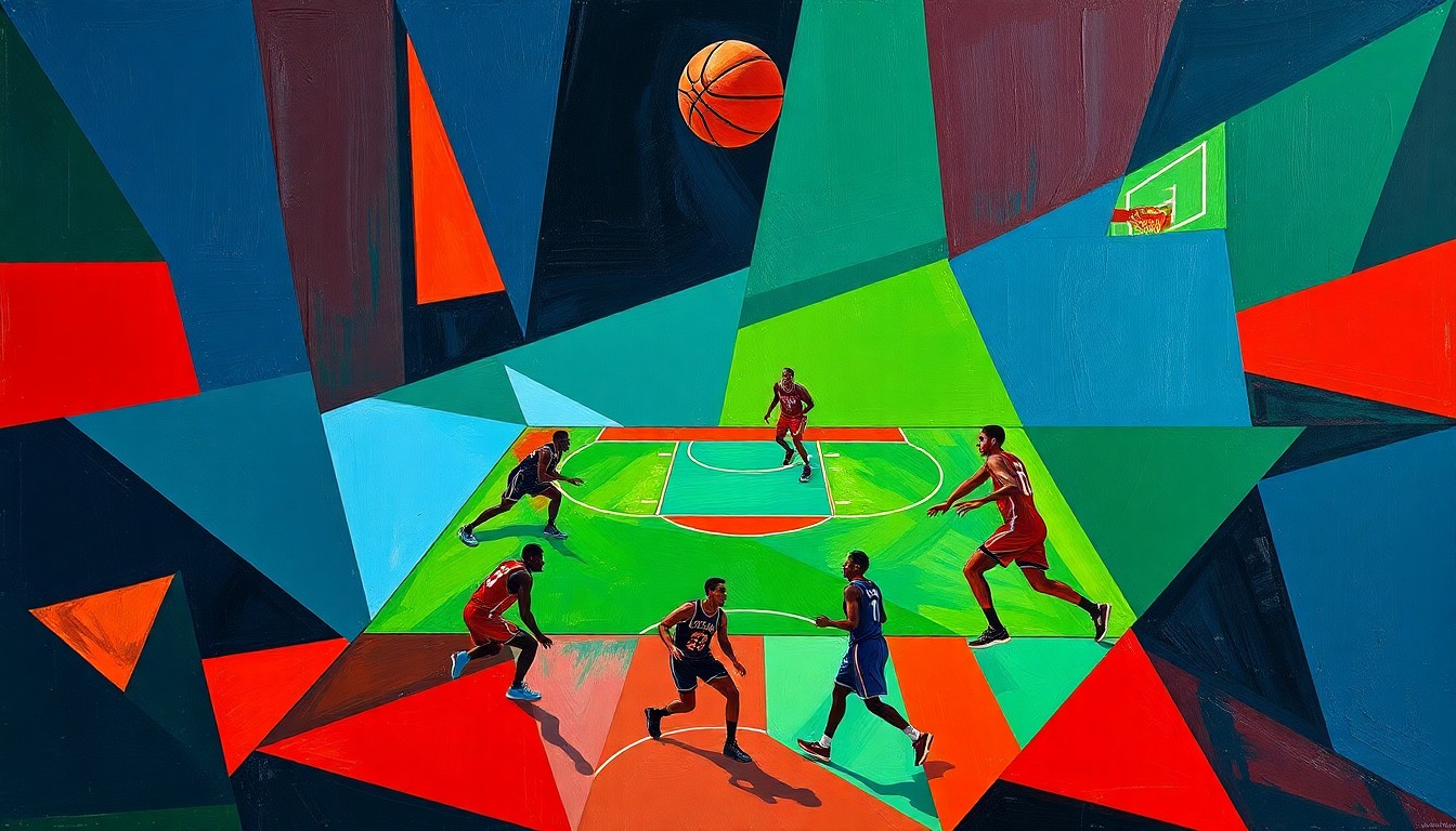 A fractured, cubist-style painting depicting a basketball game, with the players' forms broken down into sharp, overlapping geometric shapes in a vibrant color palette, conveying the disjointed and chaotic nature of the Pistons' playoff loss.