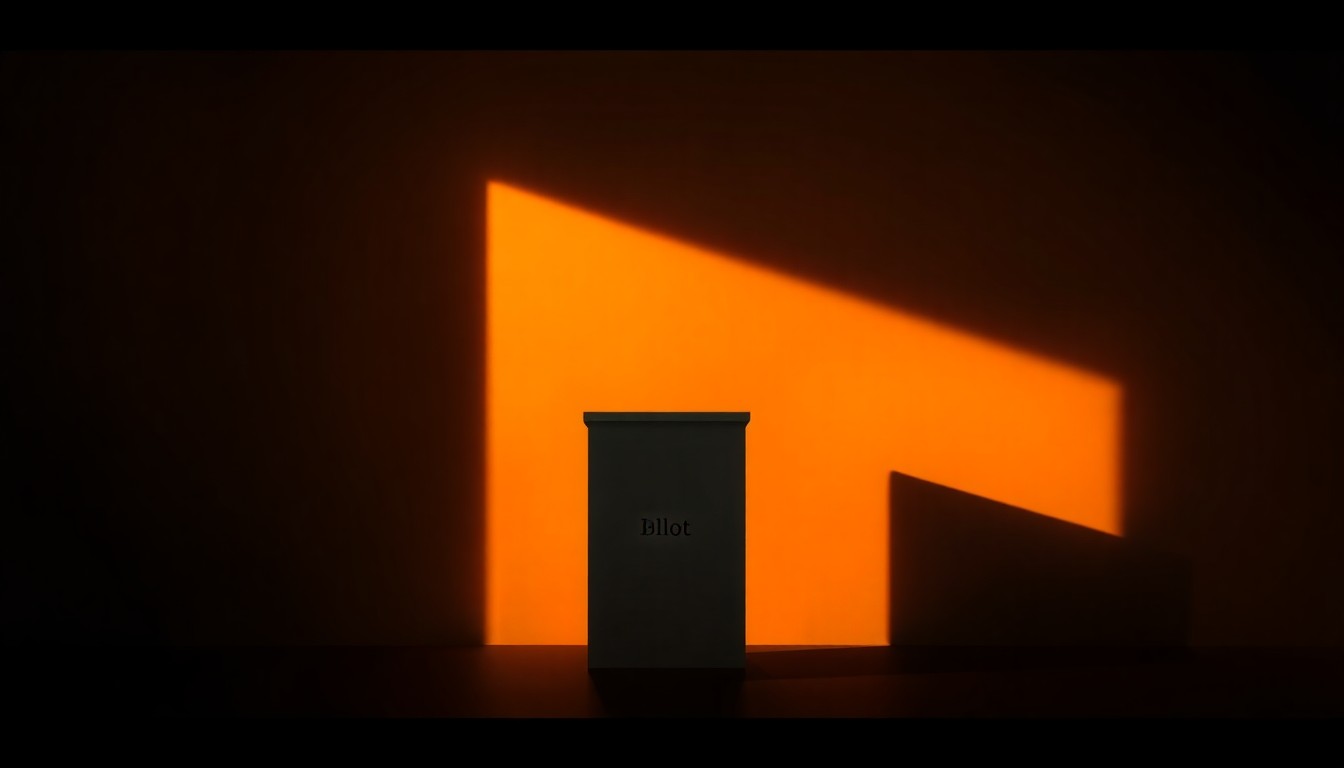 A serene, photorealistic painting of a lone ballot box sitting on a table in a dimly lit room, with warm sunlight streaming in through a window and casting dramatic shadows across the scene, conveying a sense of the high stakes and weighty responsibility of the secretary of state role.