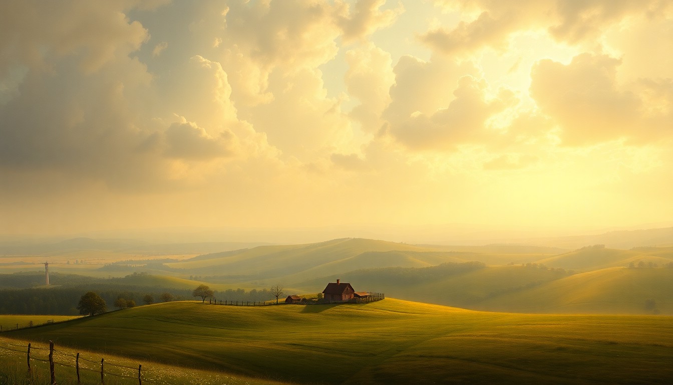 A vast, atmospheric landscape painting in muted earth tones, with a small farmhouse nestled among rolling hills and a hazy, sunlit sky filling the majority of the frame, conveying the overwhelming scale and power of the natural world.