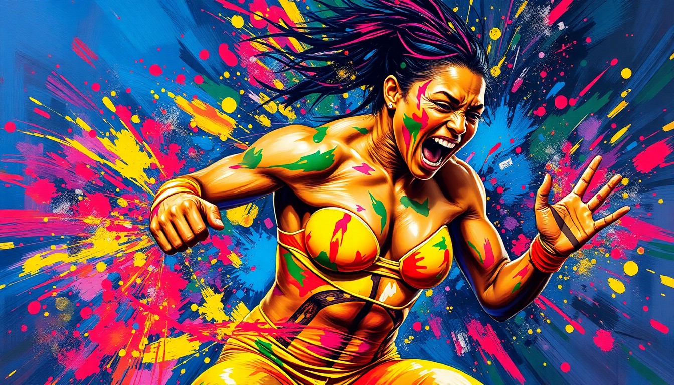 An abstract expressionist painting in vibrant neon colors, capturing the dynamic movement and raw energy of a professional wrestler, with their face and body dissolving into unrecognizable splashes of paint.