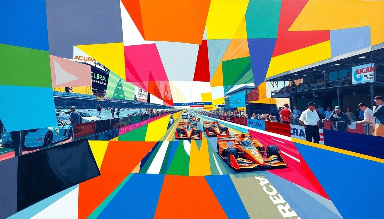 A cubist, geometric painting depicting an IndyCar race, with overlapping planes of bright blues, reds, and yellows representing the cars and track.