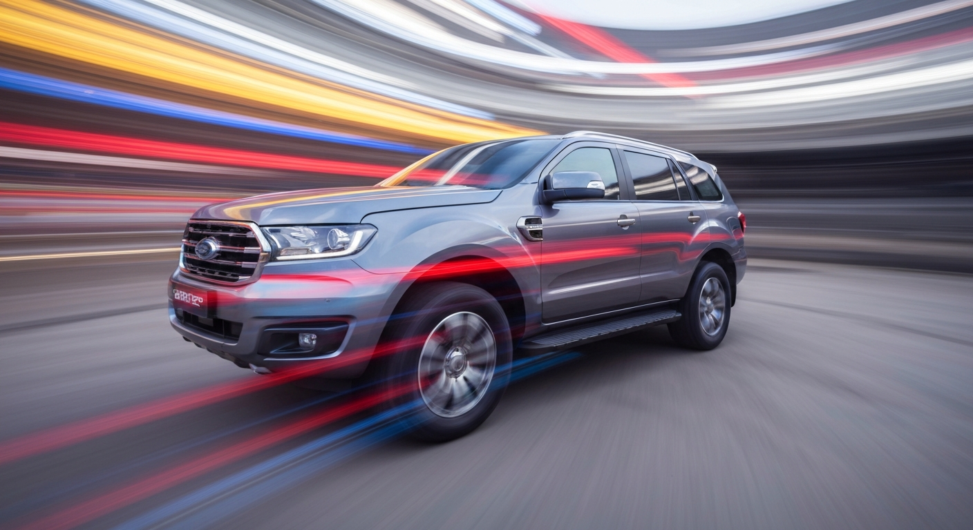 An abstract, colorful image created through a slow-shutter, panning camera technique, depicting a 2026 Ford Everest Sport SUV as a series of vibrant, sweeping streaks that convey a sense of speed and modern engineering.