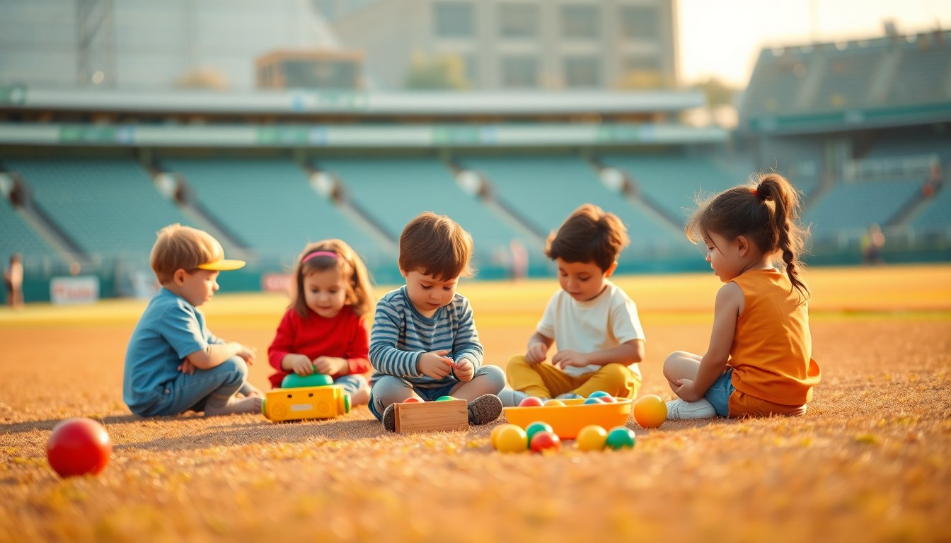 An abstract, out-of-focus photograph showing children playing with sensory toys and engaging in calming activities on a baseball field, with the stadium stands blurred in the background, conveying a sense of peace and inclusion through a warm, hazy color palette.