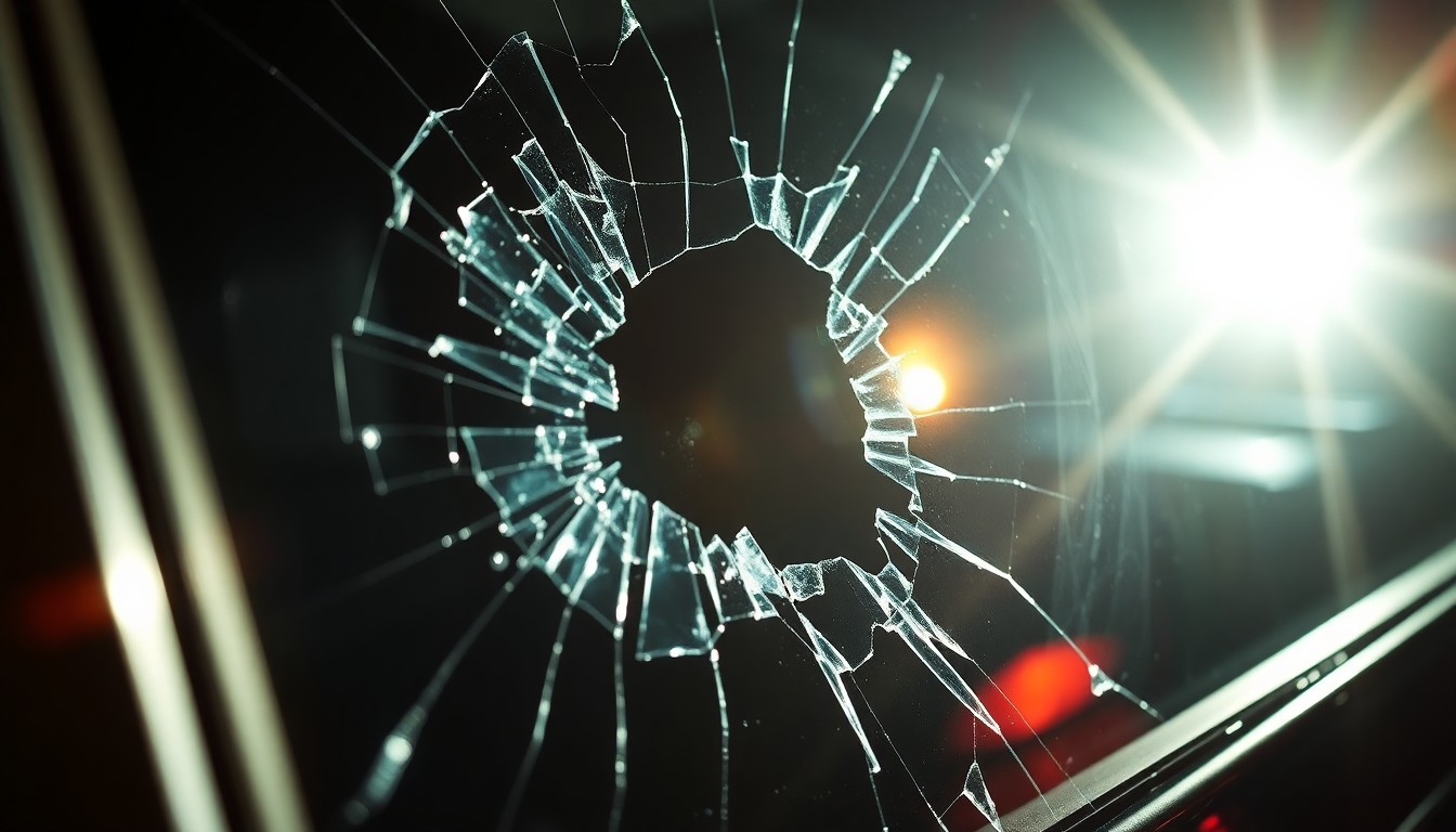An extreme close-up photograph of shattered car window glass reflecting the harsh light of a camera flash, creating a stark, gritty, and investigative aesthetic that conceptually represents the violence and danger of a confrontation with car thieves.