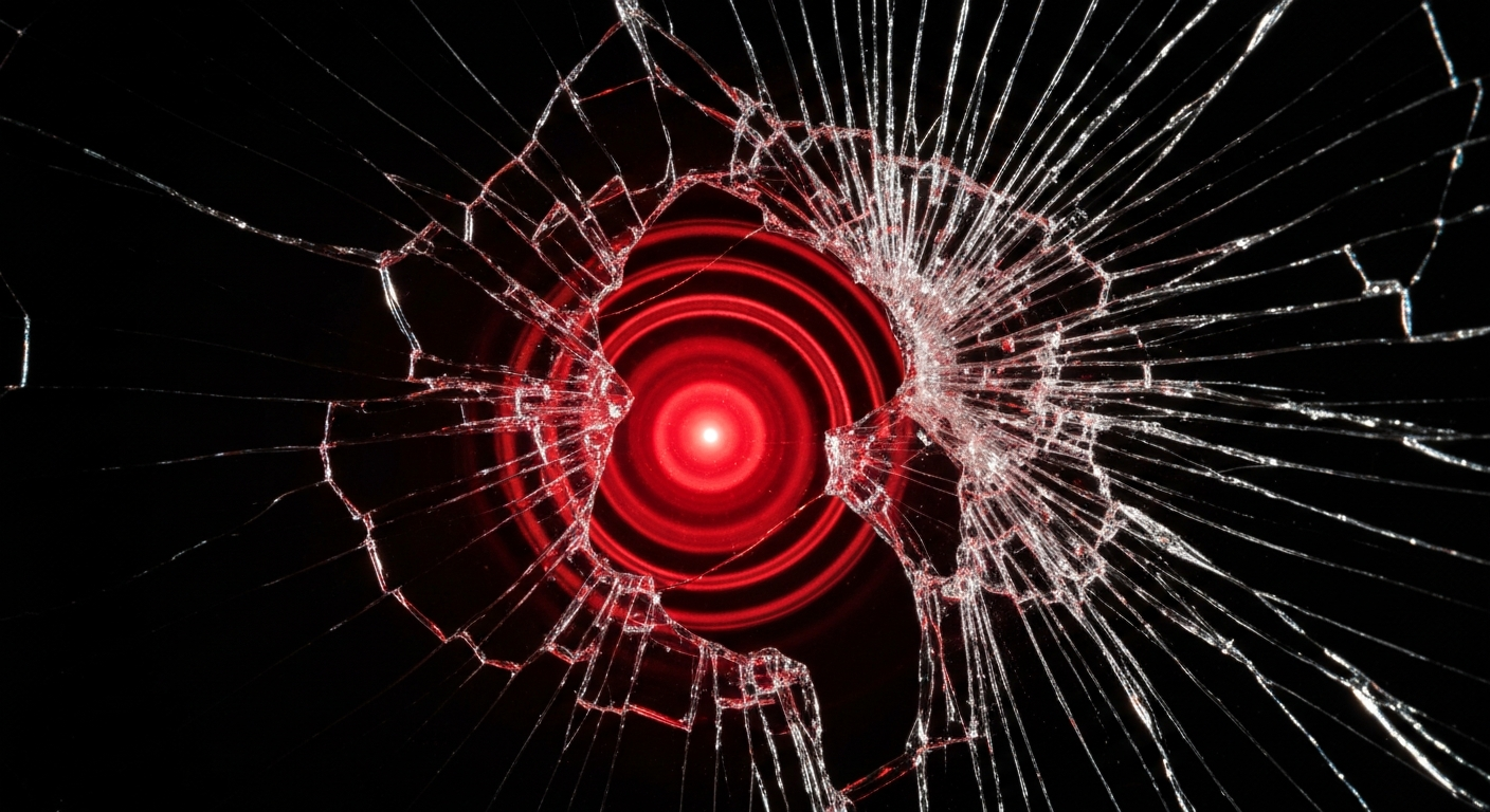 An extreme close-up of a shattered car sensor lens reflecting a faint red light, conceptually illustrating the vandalism of self-driving cars.
