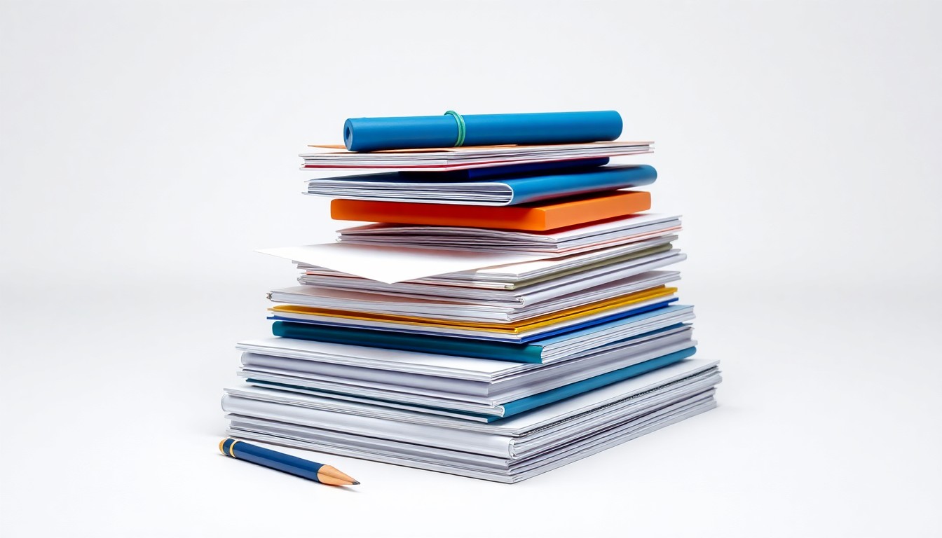 A high-end, photorealistic studio still-life photograph featuring a stack of colorful, geometric business documents and office supplies arranged elegantly on a clean, white seamless background, conceptually representing Chipotle's corporate strategy and financial performance.