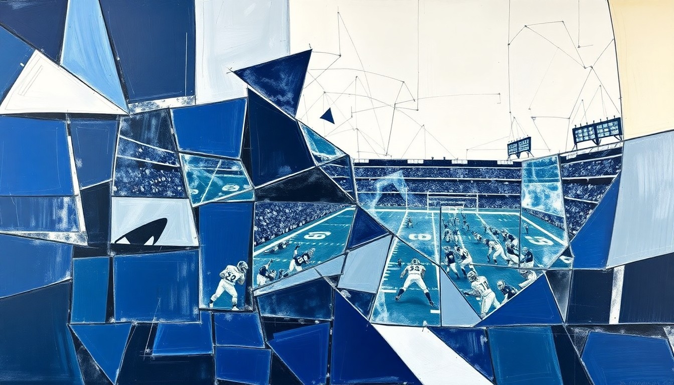 A fragmented, abstract painting depicting a football game broken down into sharp, angular shapes and planes in navy blue, silver, and white, conveying the strategic reconstruction of the Cowboys' defense.