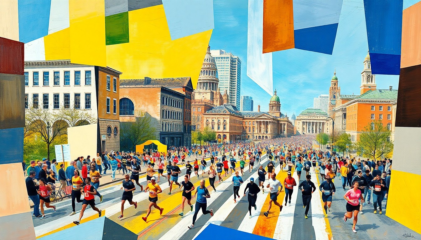 A cubist-style painting depicting the Boston Marathon, with runners, spectators, and the city's landmarks broken down into sharp, overlapping geometric shapes and planes of color.