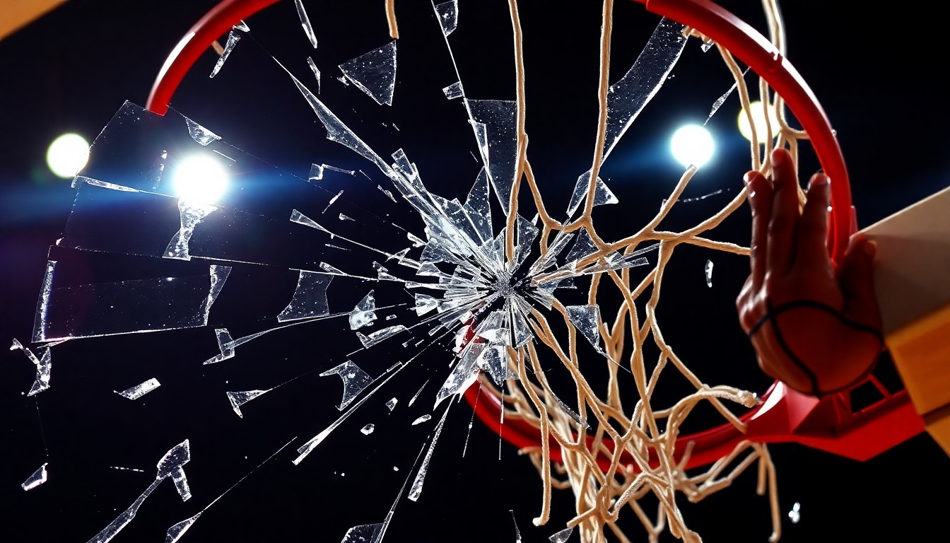 An abstract close-up photograph of shattered, glittering glass from a basketball backboard, capturing the energy and impact of Michael Jordan's historic scoring outburst.