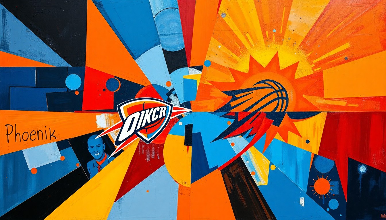 A cubist, geometric painting depicting the intense action and energy of an NBA playoff game, with sharp, overlapping planes of bright blue, orange, and red colors representing the Thunder's dominant performance over the Suns.