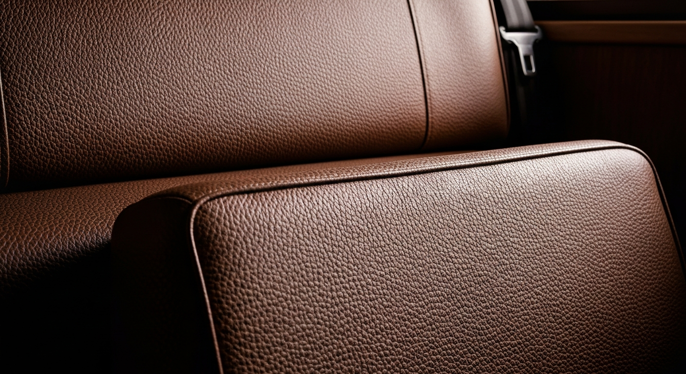 An extreme close-up of the textured, pebbled leather interior of a recreational vehicle, highlighting the rich colors and materials in a dramatic lighting setup that conveys a sense of premium quality and attention to detail.
