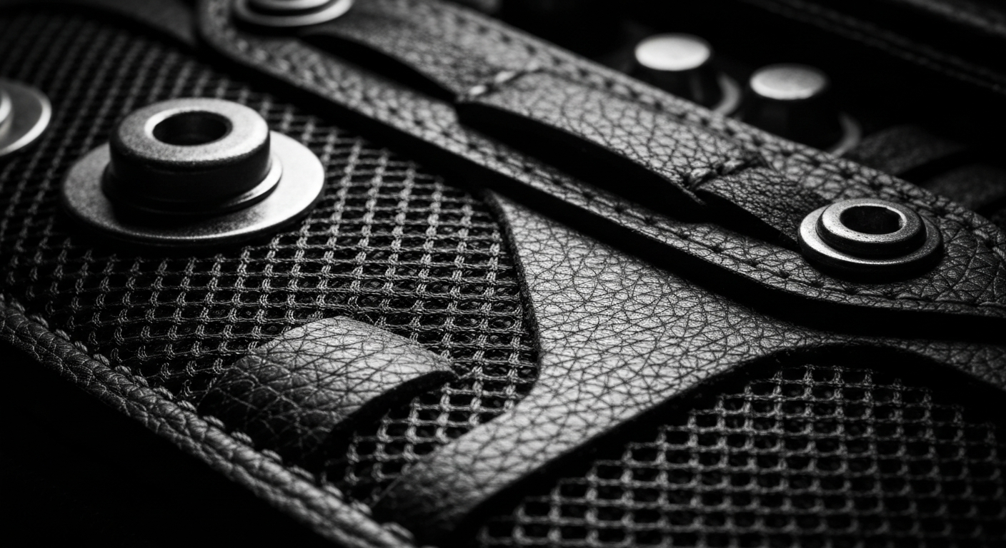 An extreme close-up of the textured surface of a car repair toolkit, featuring pebbled leather, woven mesh, and metallic hardware in a dramatic chiaroscuro lighting, conveying the rugged and practical nature of automotive DIY.