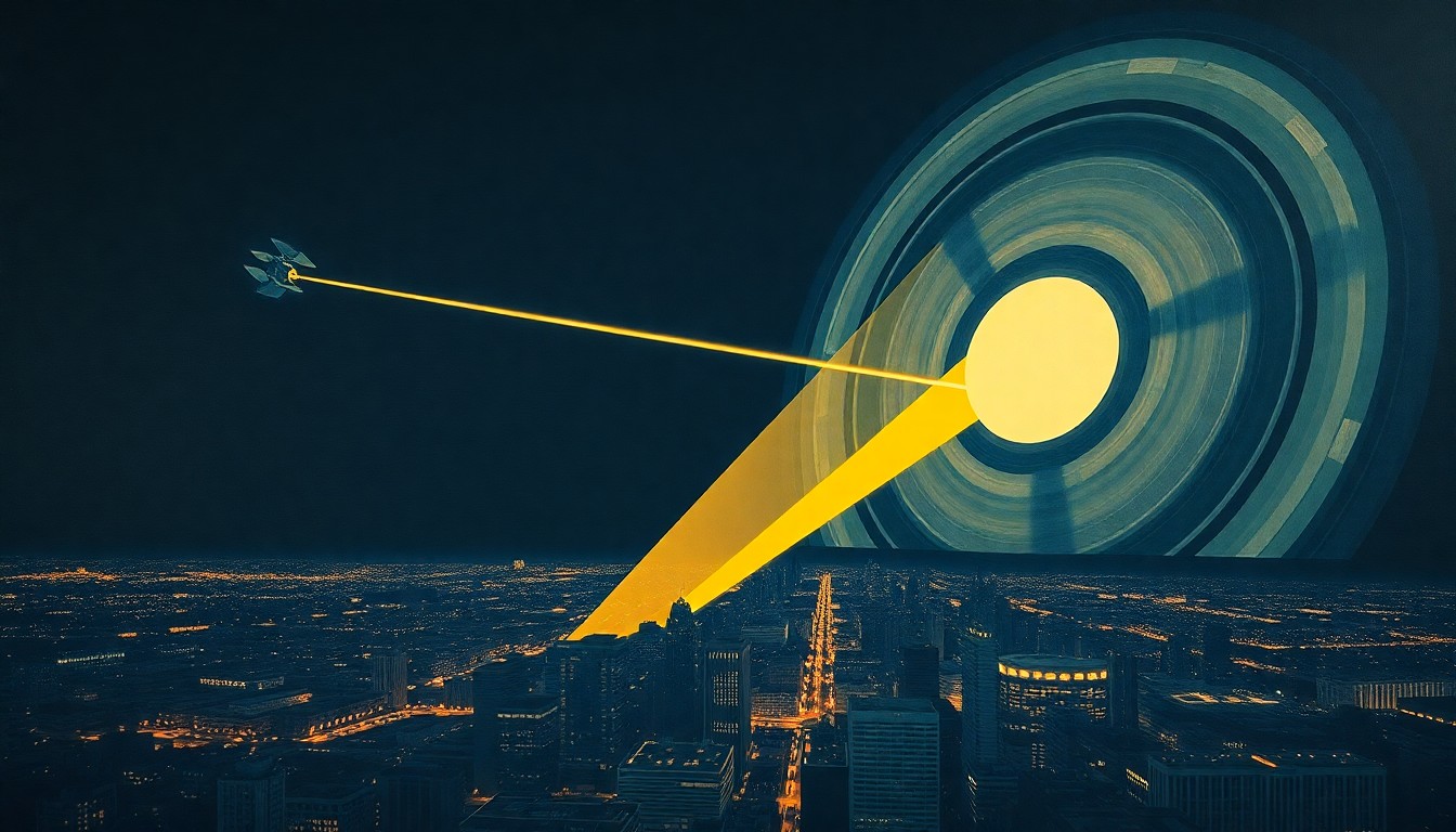 A bold, abstract painting in soft blues, greens, and grays, depicting a complex array of geometric shapes and optical rays, representing the interplay of technology and the natural environment in the context of reflective satellite illumination.