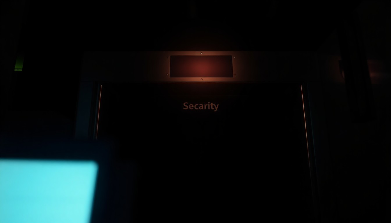 An extreme close-up photograph of an airport security screening device, its metallic surface and intricate components dramatically illuminated by a harsh, direct camera flash against a pitch-black background, conveying a serious, investigative mood about the importance of airport security.