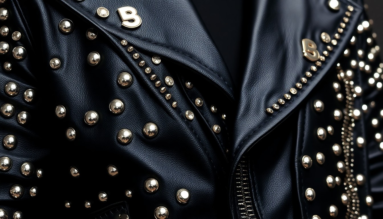 An abstract close-up photograph of a black leather jacket covered in metallic studs, sequins, and other high-fashion textures, capturing the glitz and glamour of professional wrestling and heavy metal music.