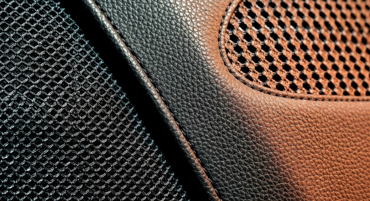 An extreme close-up of a textured automotive material, such as pebbled leather or woven mesh, captured in dramatic lighting and vivid colors, conveying the raw materials and engineering behind transportation.