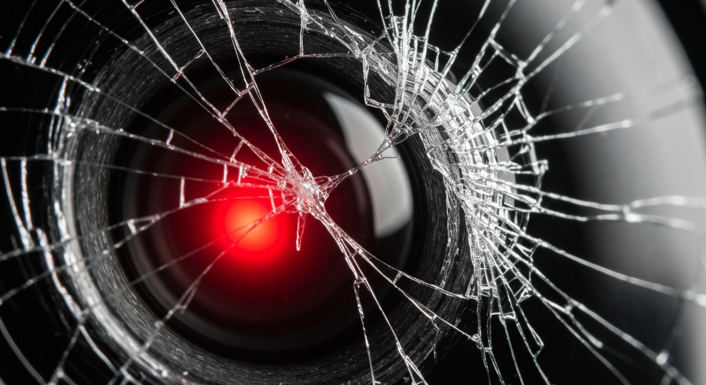 An extreme close-up of a shattered car sensor lens reflecting a faint red light, conceptually illustrating the vandalism of self-driving cars.
