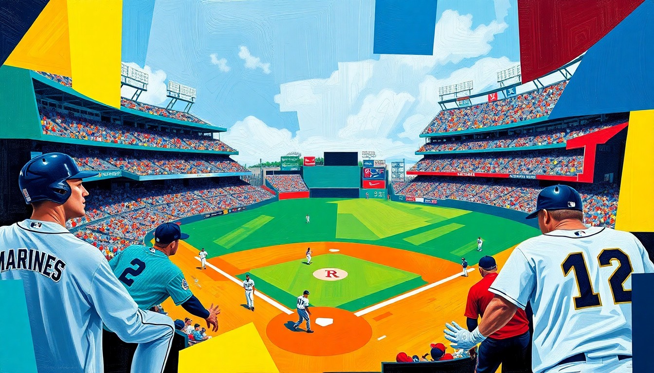 A cubist-style painting depicting a baseball game, with the players and field broken down into sharp, overlapping geometric shapes in the Mariners' and Rangers' team colors.