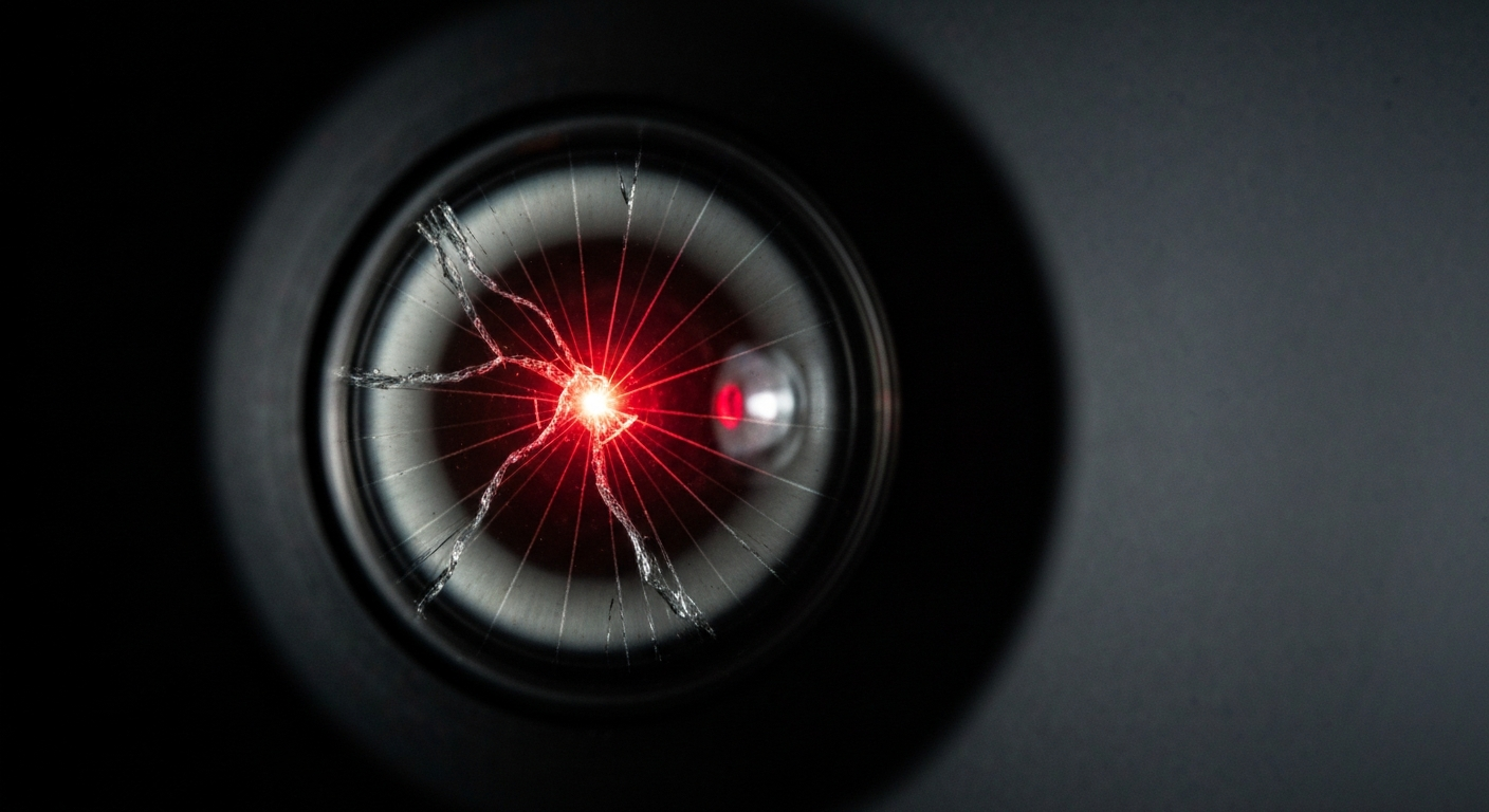 An extreme close-up of a shattered car sensor lens reflecting a faint red light, conceptually illustrating the impact of ongoing tensions and conflict between Israel and Lebanon.