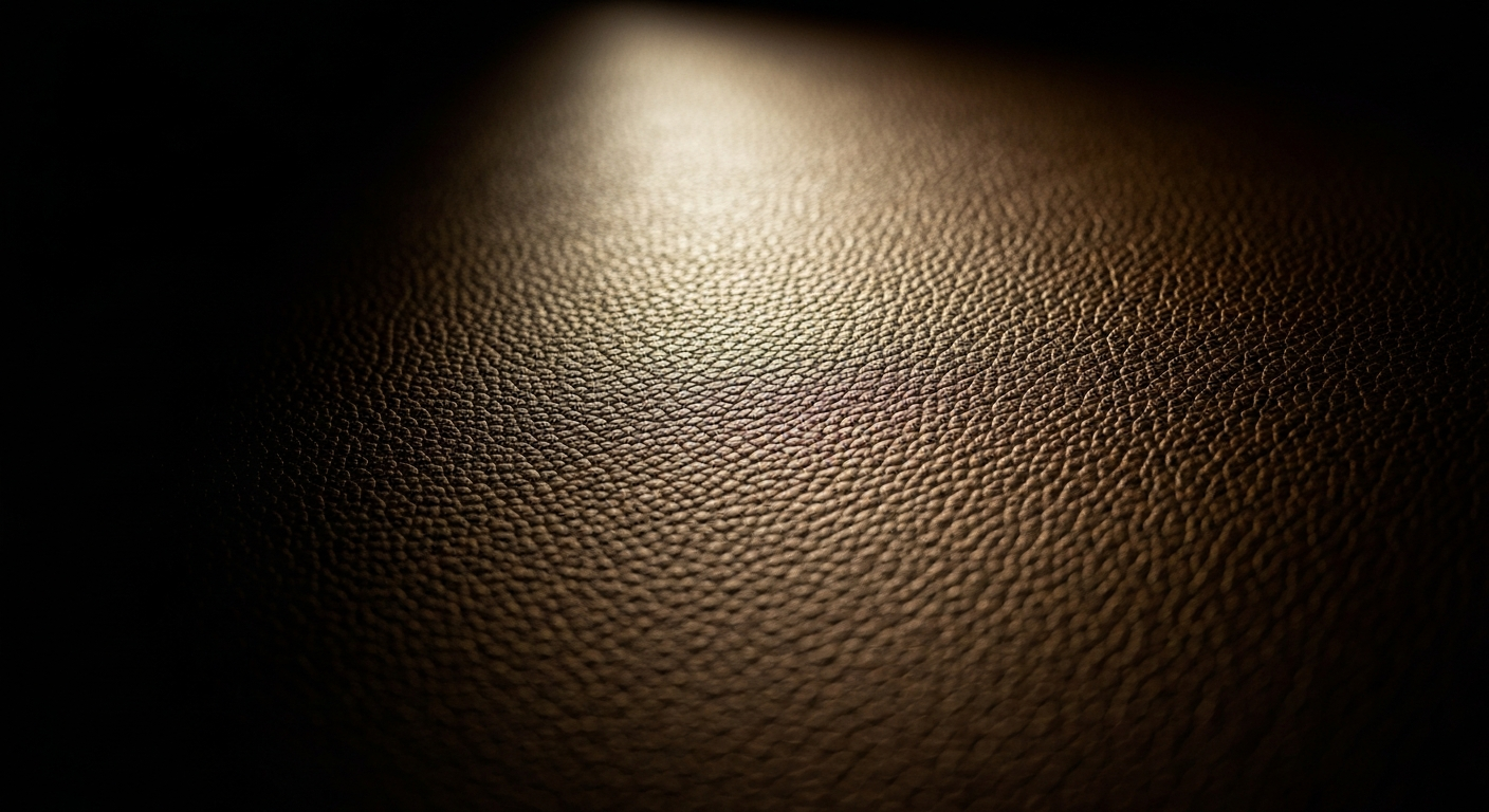An extreme close-up of a pebbled, rich brown leather surface, with dramatic shadows and highlights that emphasize the tactile quality and craftsmanship of automotive interiors.