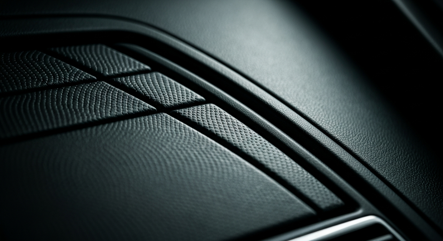 An extreme close-up of the pebbled leather and metal trim of a car's dashboard, captured in dramatic lighting that emphasizes the intricate textures and patterns, conveying the attention to detail in vehicle design.