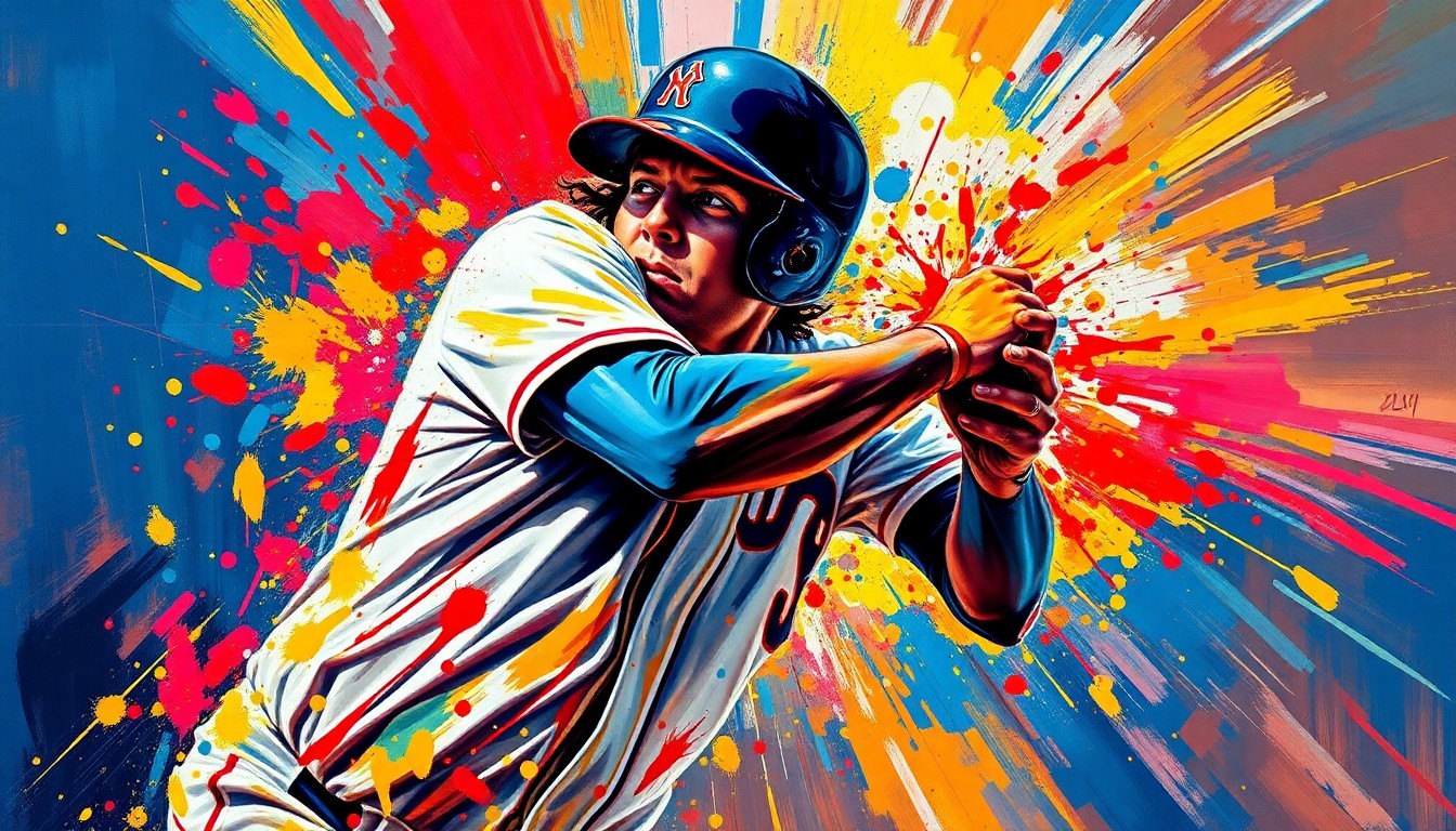 An extreme close-up of a baseball player's face being struck by a pitch, the impact dissolving his features into a chaotic swirl of neon paint splatters and brushstrokes that capture the raw, kinetic energy of the violent collision.