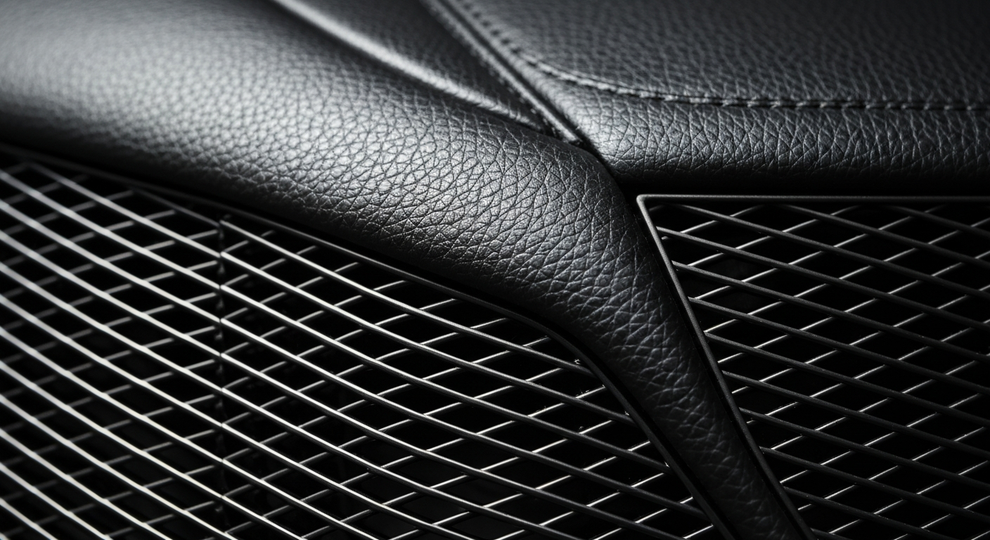 An extreme close-up of the pebbled leather surface of a car seat, with the material's intricate patterns and shadows creating a visually striking and conceptual illustration of the automotive industry's evolving waste management practices.