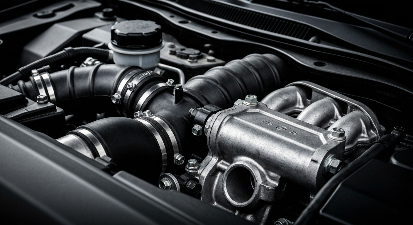 An extreme close-up of the complex metal and rubber components that make up a car engine, captured in a high-contrast, dramatic style that emphasizes the raw materials and engineering behind modern automotive technology.