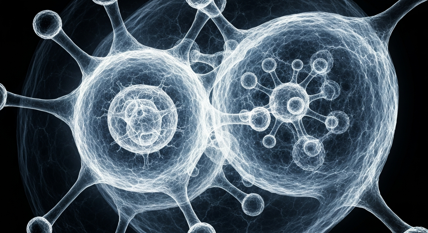 A ghostly, translucent X-ray photograph revealing the intricate molecular structure of a biological cell or complex, glowing with an ethereal, electric energy and conceptually representing the advanced technology behind Evaxion's personalized cancer vaccines.