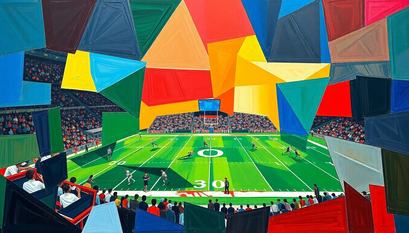 A dynamic, cubist-style painting depicting a high school football game broken down into sharp, overlapping geometric shapes in navy, green, and red, conveying the energy and excitement of the new stadium project.