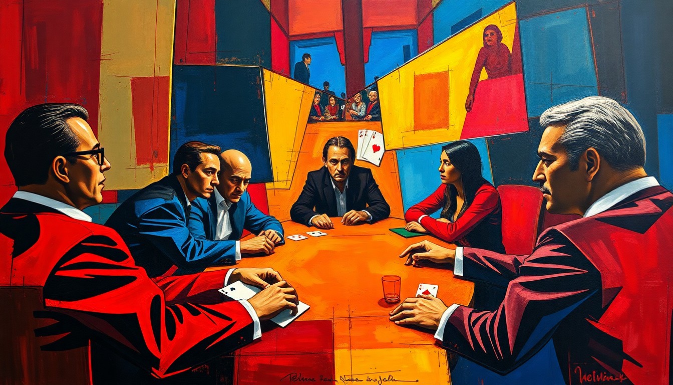 A cubist, geometric painting depicting a high-stakes poker game, with the players and table broken down into sharp, overlapping planes of color, capturing the intensity and drama of the event.