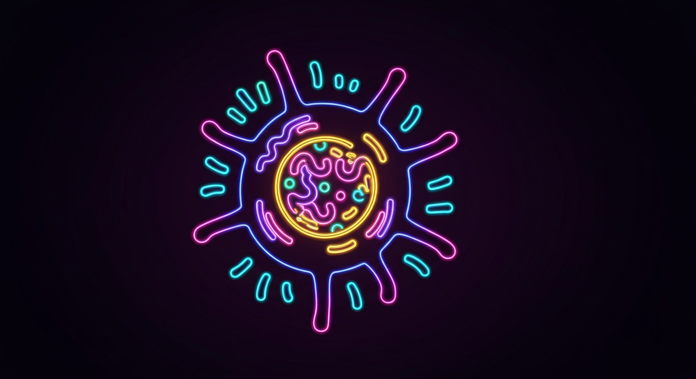 A minimalist, neon-outlined illustration depicting the intricate molecular structure of a cancer cell, conveying the complex biological mechanisms that Zentalis' research aims to target.