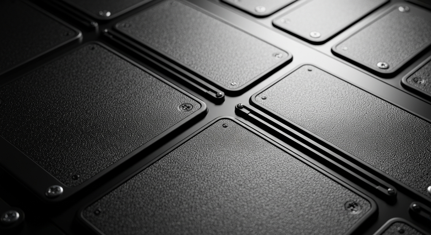 An extreme close-up of the textured surface of a modern electric vehicle battery, revealing its intricate components and materials in dramatic lighting, conceptually illustrating the complex engineering that powers the future of transportation.