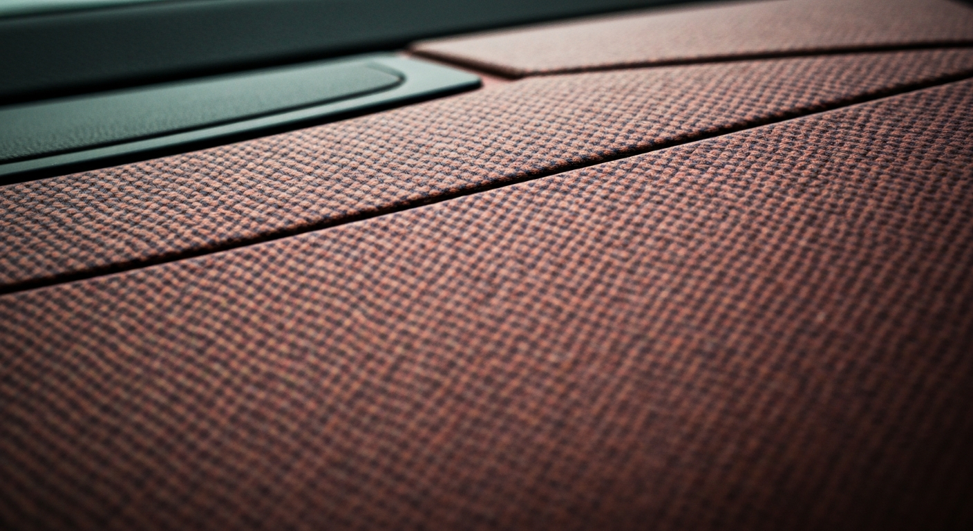 An extreme close-up of a car's dashboard, showcasing the intricate patterns and textures of the materials used in its construction, conveying a sense of the engineering and design that goes into automotive manufacturing.