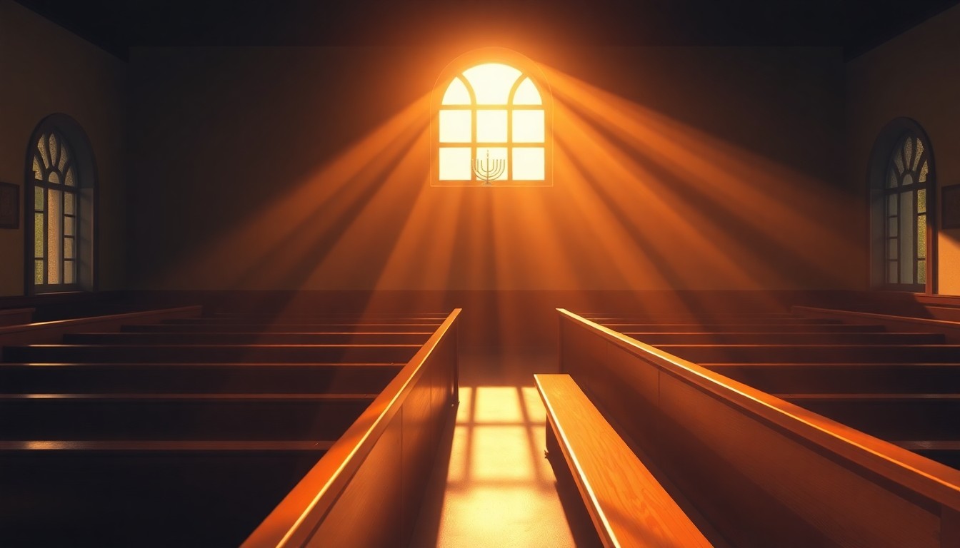 A serene, painterly scene of a single lit menorah candle casting warm light across the wooden pews of a synagogue interior, conceptually representing the somber remembrance of the Holocaust.