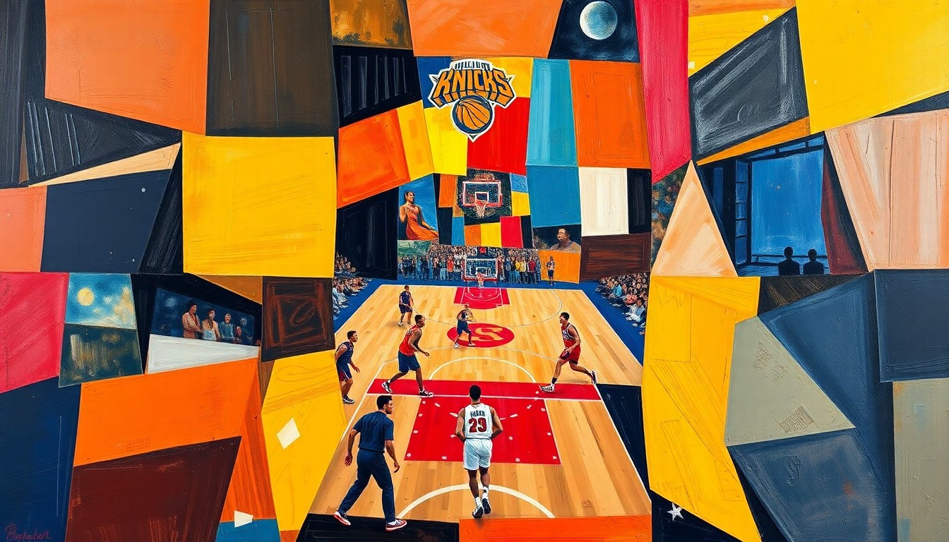 A fractured, cubist-style painting depicting a basketball game in progress, with the players and court broken down into sharp, overlapping geometric shapes and planes of color, conveying the competitive energy and intensity of the playoff matchup.