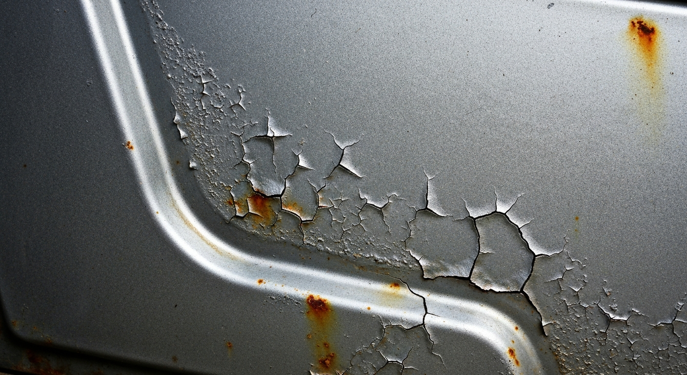 An extreme close-up of a cracked and weathered auto body panel, capturing the intricate details and textures of the materials used in automotive repair work.