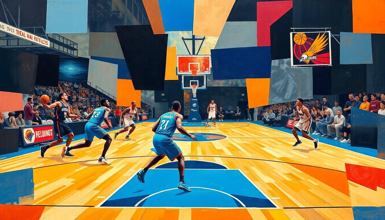 A fragmented, cubist-style painting depicting the action and energy of a basketball game between the Oklahoma City Thunder and Phoenix Suns, with the players' movements and the court's lines broken down into sharp, overlapping geometric shapes and planes in a vibrant color palette.