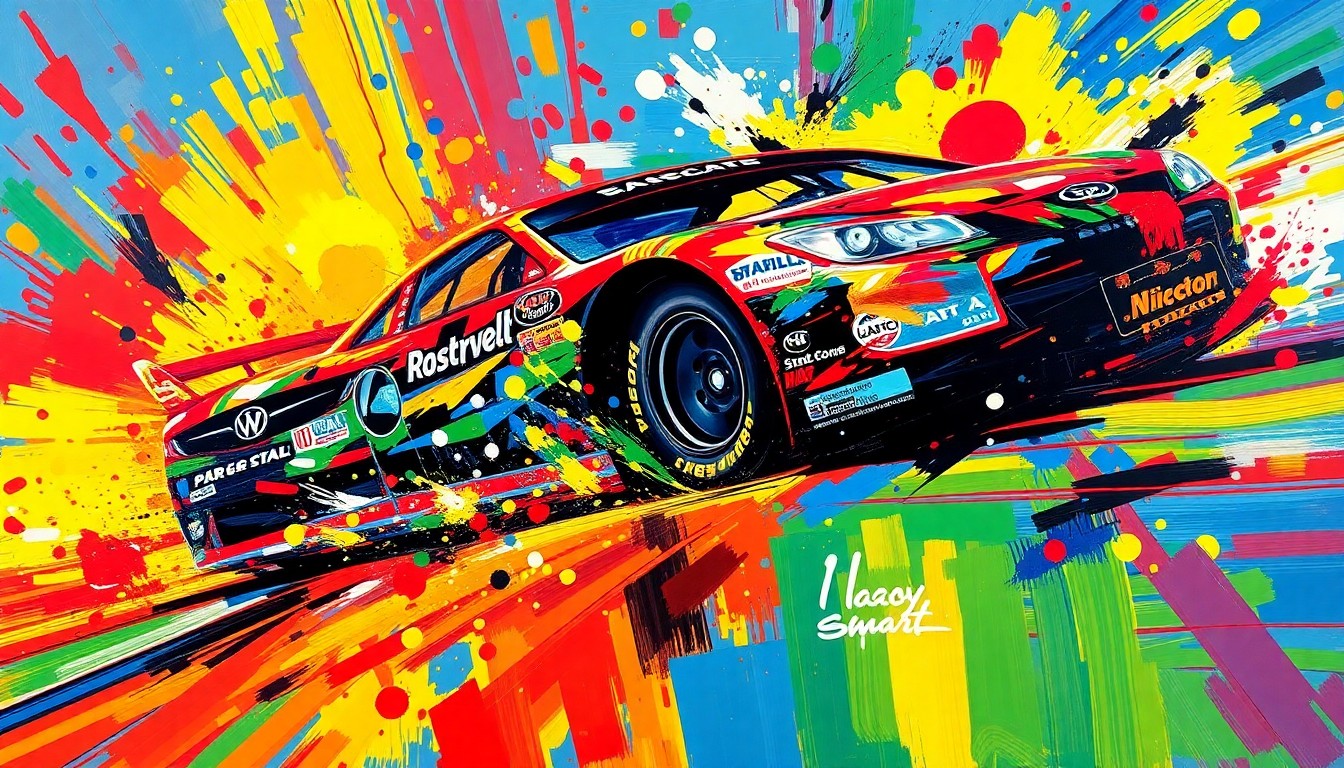 A dynamic, abstract painting in neon colors capturing the raw energy and motion of a NASCAR race car, with the vehicle's form dissolving into vibrant brushstrokes.