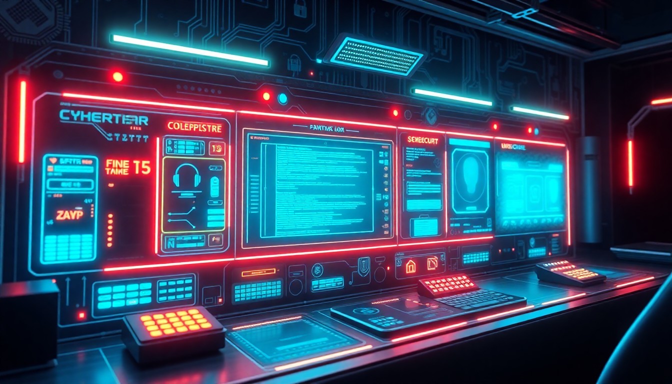 A highly detailed, glowing 3D illustration of a futuristic cybersecurity control panel, featuring intricate circuitry, biometric scanners, and holographic displays, conceptually representing the complex and ever-changing nature of digital security.